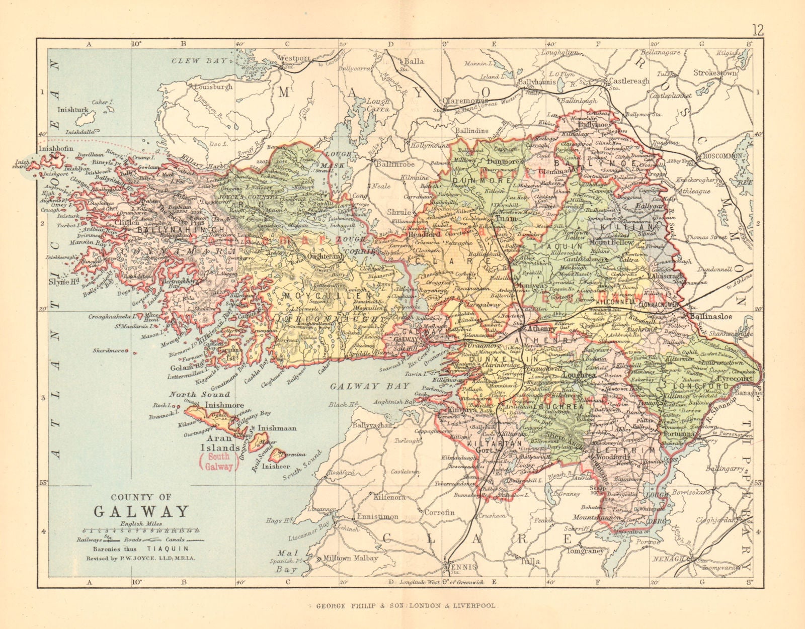 COUNTY GALWAY. Antique county map. Connaught. Ireland. BARTHOLOMEW 1886